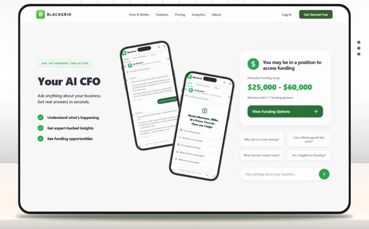 BlackGrid AI CFO page with suggested questions and a funding estimate