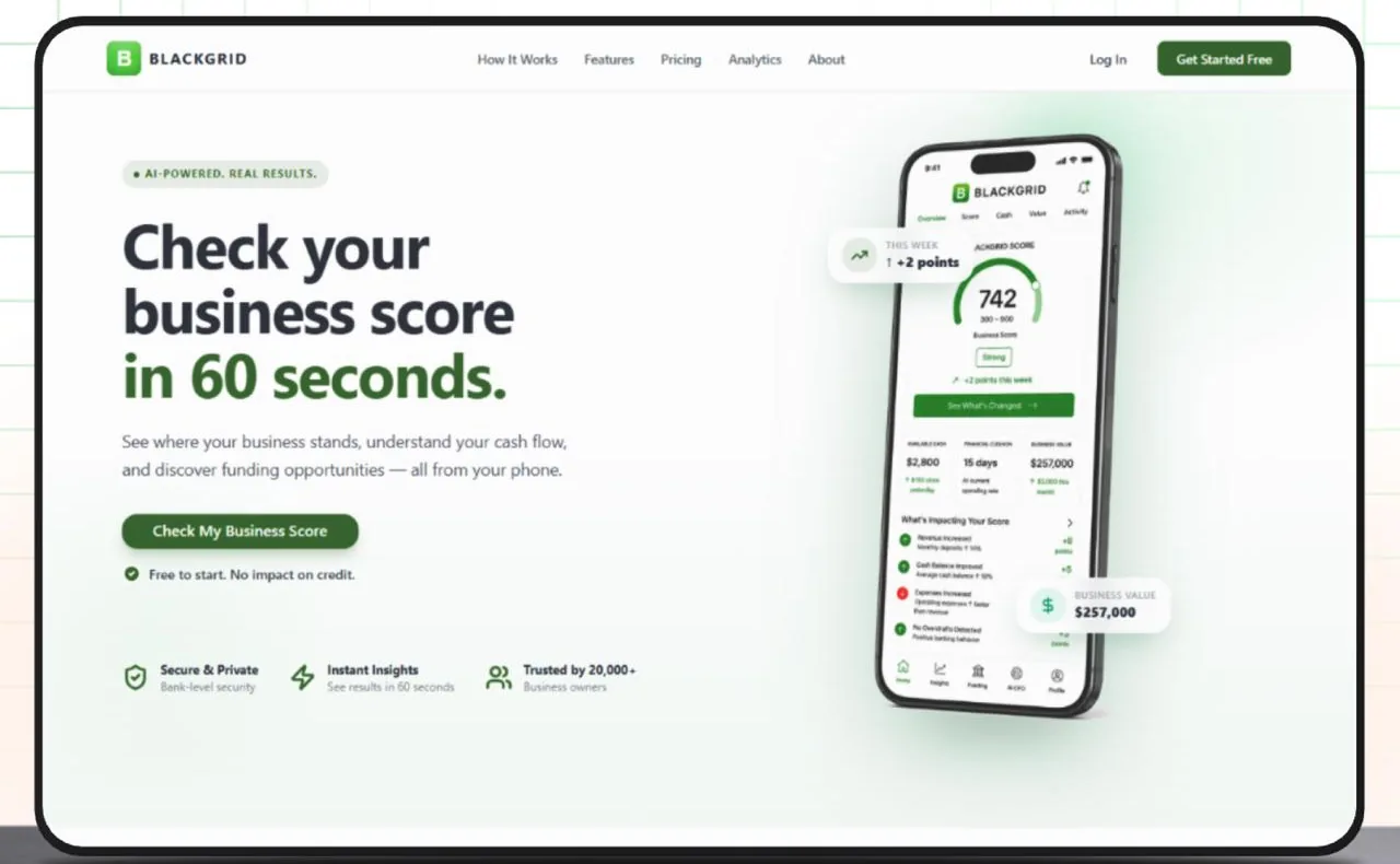 BlackGrid landing page showing the business score on a phone
