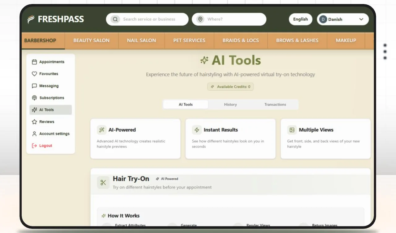 FreshPass AI Tools page with the hairstyle try-on feature