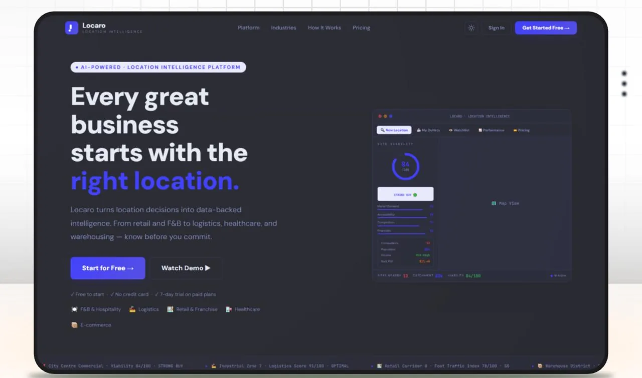 Locaro landing page with a site viability score