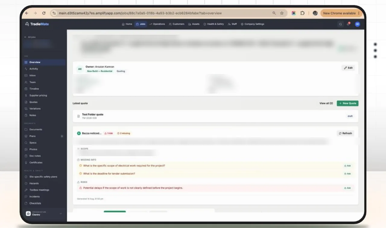 TradieMate job overview with AI-flagged risks and missing information, client details blurred